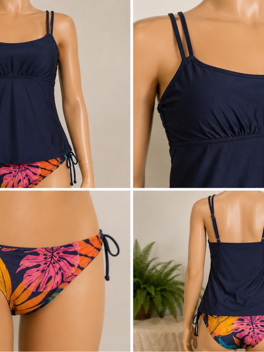 Cupshe Navy Tankini Top with Tropical Multicolor Leaf Bikini Bottom